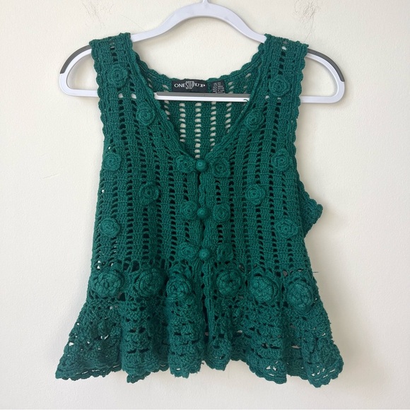 Vintage One Step Up Green Crochet Vest - Picture 1 of 4